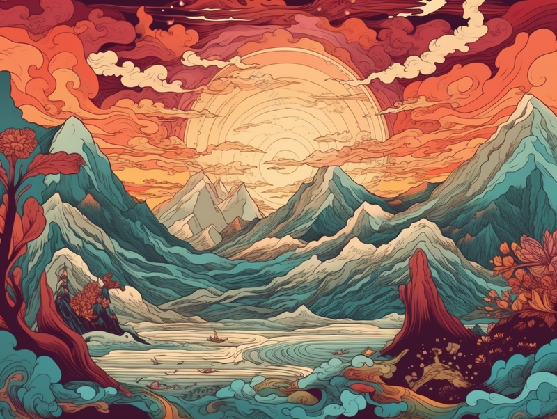 敦煌古城月牙泉鸣沙山祥云环绕太阳下的山峰海洋水纹,插画/手绘图,插画/手绘图库,插画/手绘图下载,插画/手绘